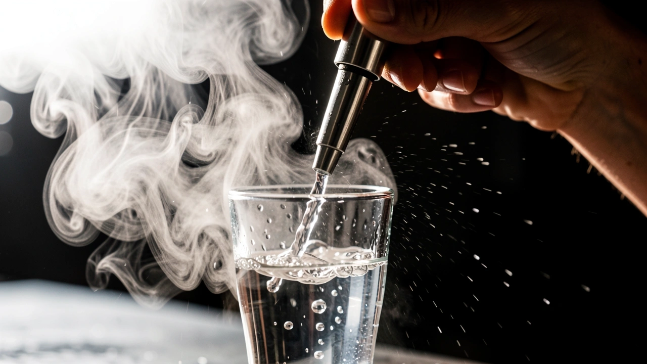 Steam wand being purged into a glass cup with steam and droplets