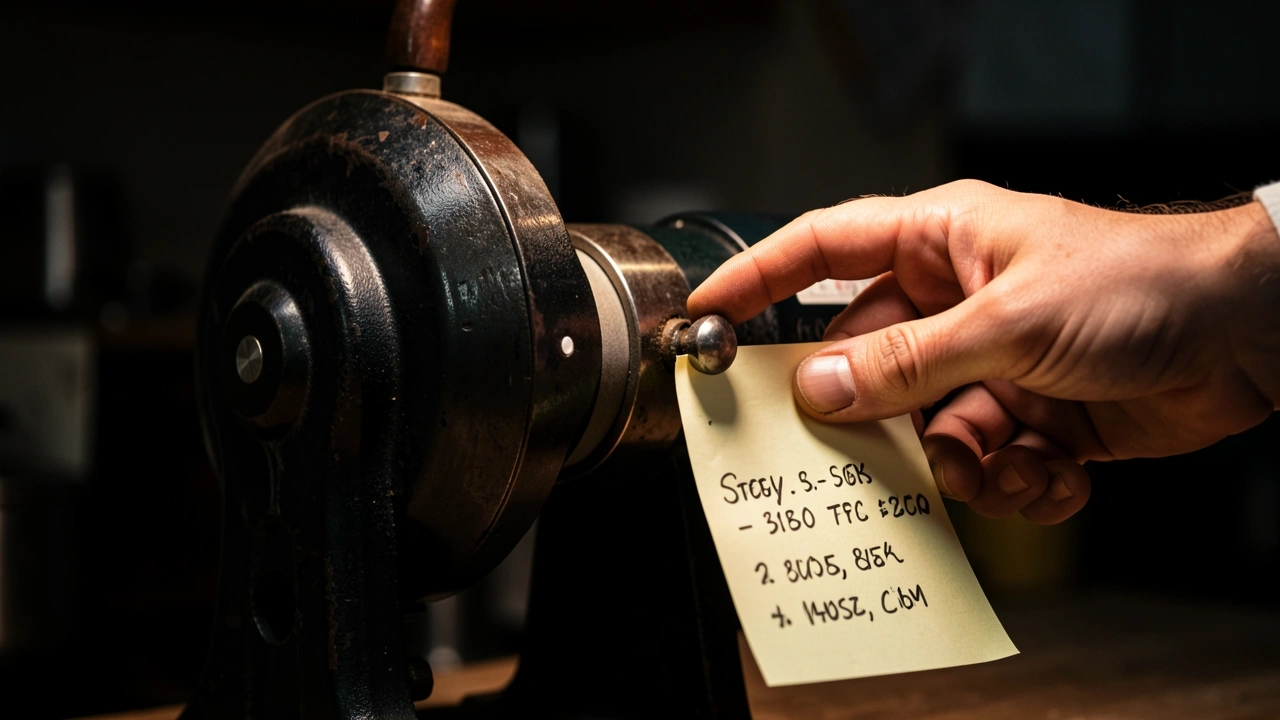 Tracking Settings on a Stepless Grinder Stepless grinder with marked collar and sticky note for tracking grind adjustments.