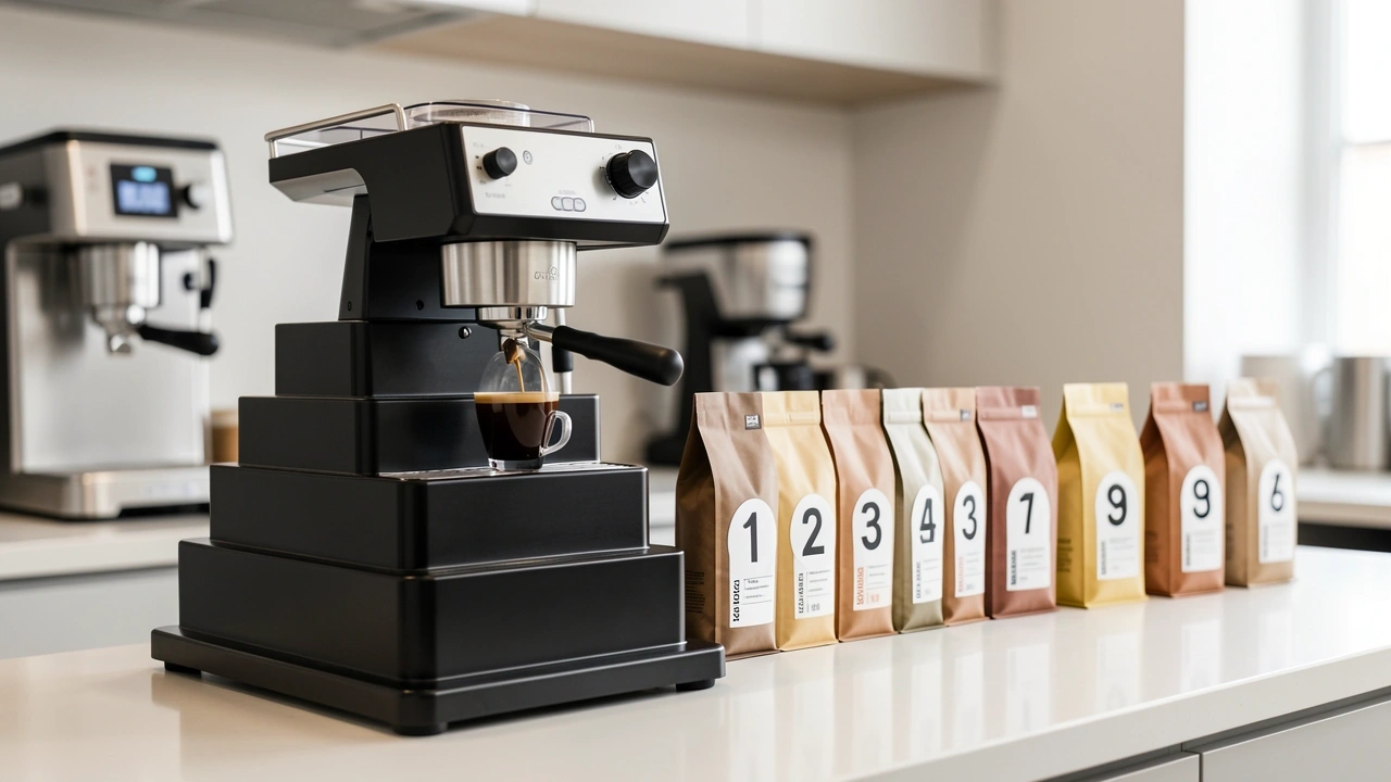 Stepped Grinder with Multiple Coffee Bean Options Stepped grinder with multiple coffee bags showing dial-in workflow limitations.