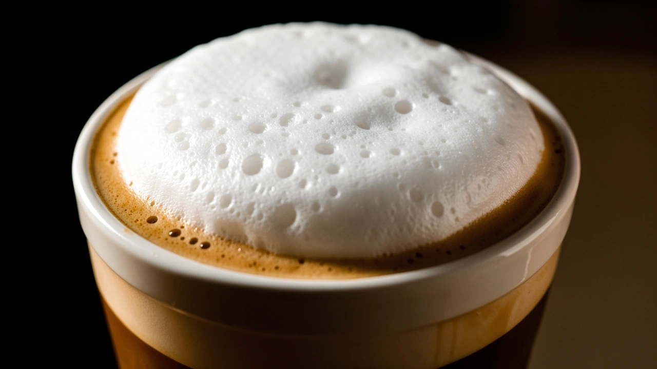 Thick stiff foam cap separating from espresso in a latte cup