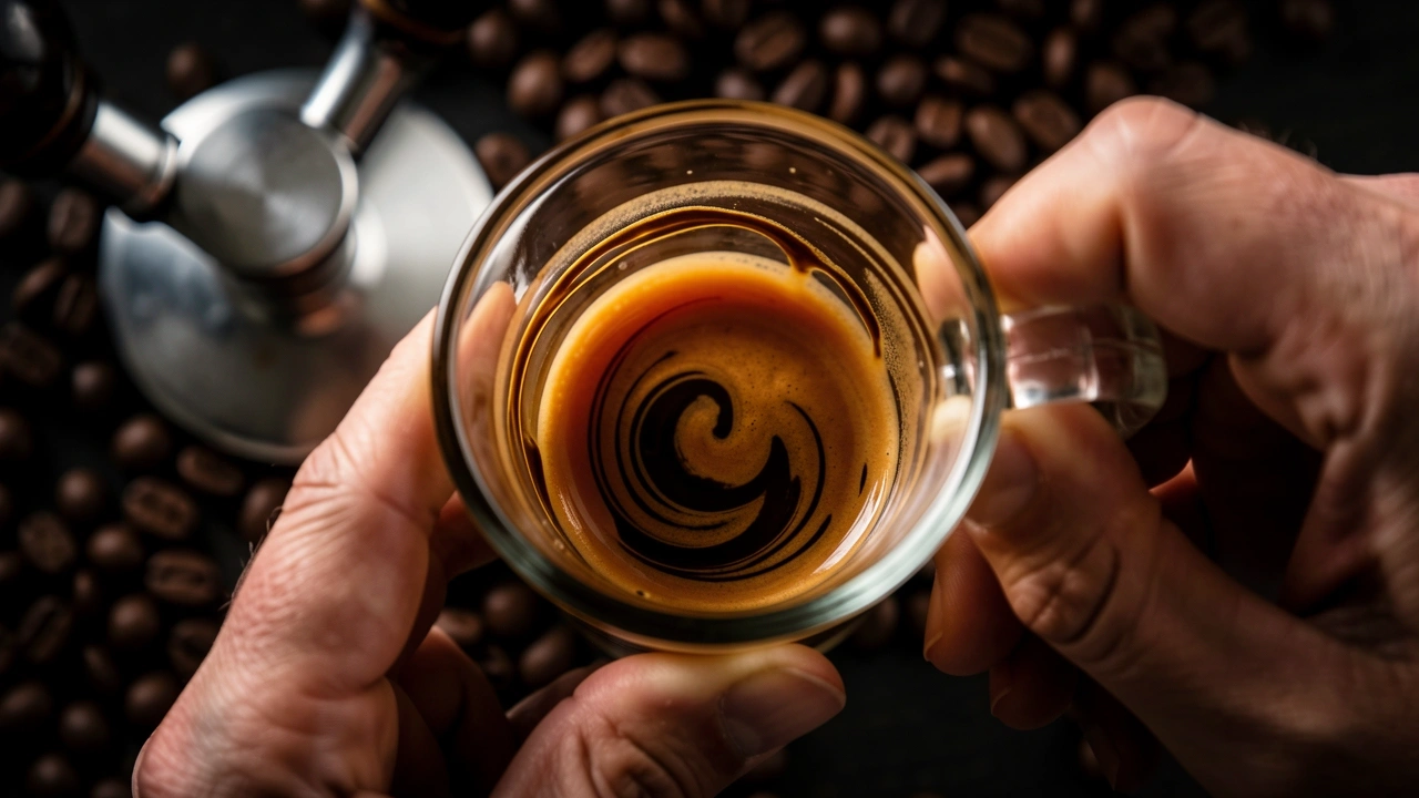 Barista swirling espresso cup showing thick oily streaks indicating good body