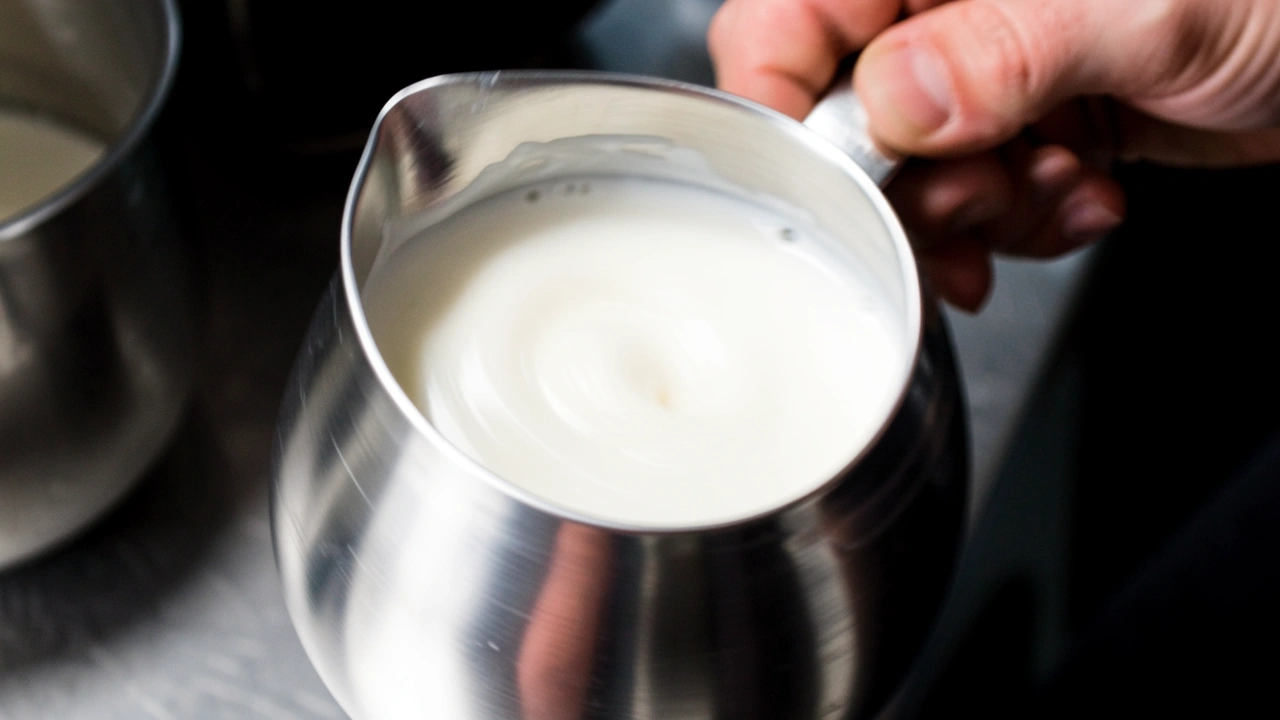 Barista swirling milk pitcher to test foam quality