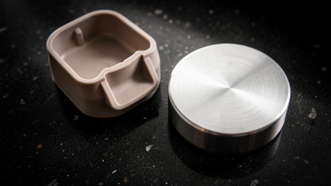 Calibrated Tamper vs Cheap Tamper Close-up of a cheap plastic tamper next to a calibrated steel tamper, with focused light on the precise tool.