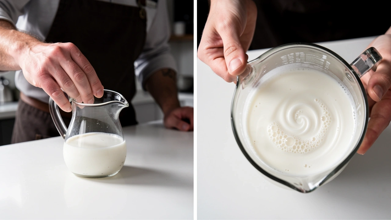 Barista tapping and swirling pitcher to recover ruined milk
