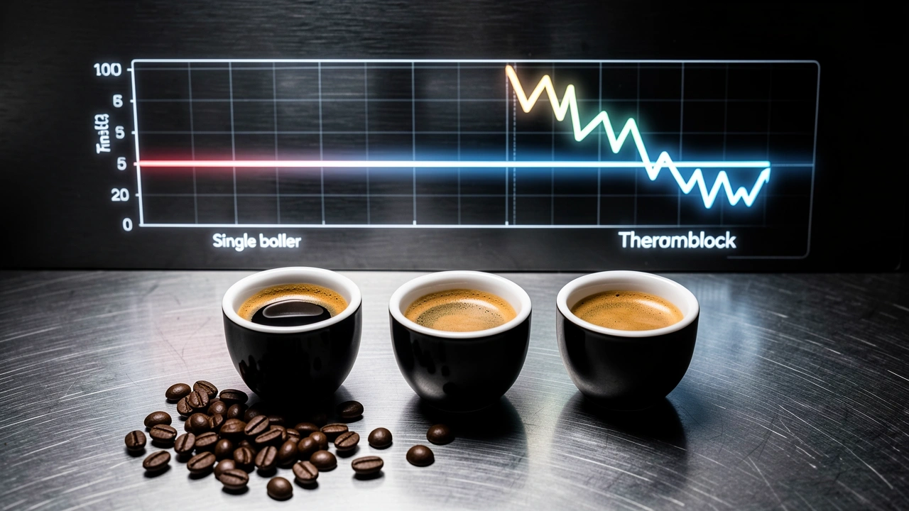 Three espresso shots with a thermometer graph showing stable vs fluctuating temperature lines.