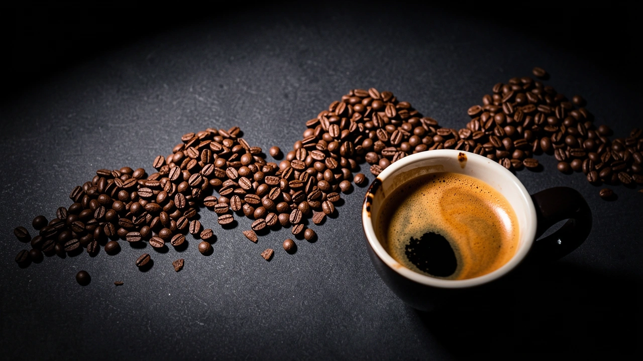Espresso shot with uneven extraction shown against a wave pattern of coffee grounds.