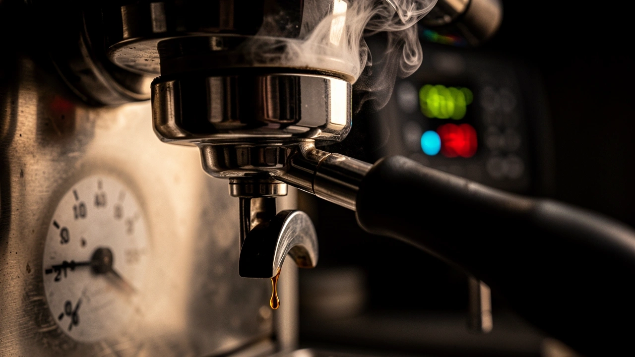 Close-up of espresso machine steam wand and group head with steam and drip