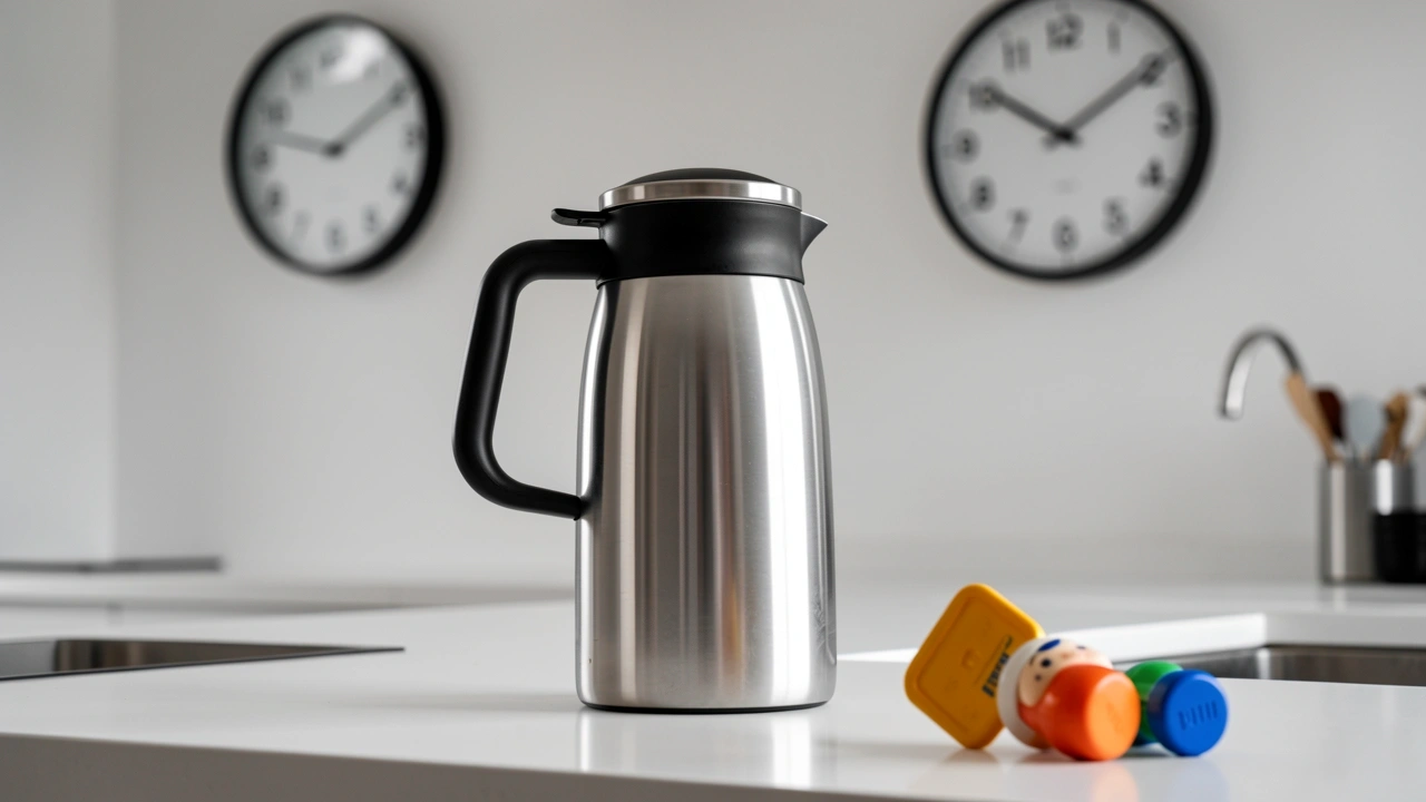 Interruption-Proof Thermal Carafe A stainless steel thermal carafe on a kitchen island with a clock on the wall and a child's toy nearby, symbolizing interruption-proof coffee brewing.