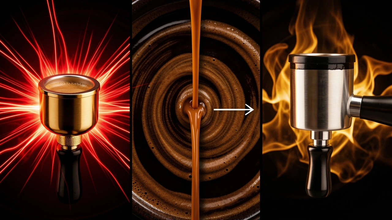 Heat Conductivity vs Thermal Mass Visual Metaphor Abstract representation of fast heat transfer in brass vs slow heat storage in stainless steel