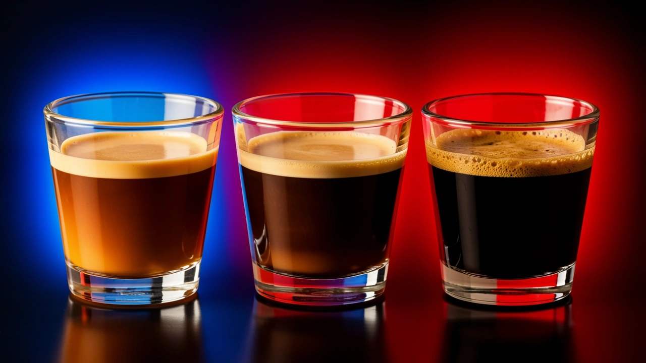 Three espresso shots showing increasingly darker color symbolizing temperature rise