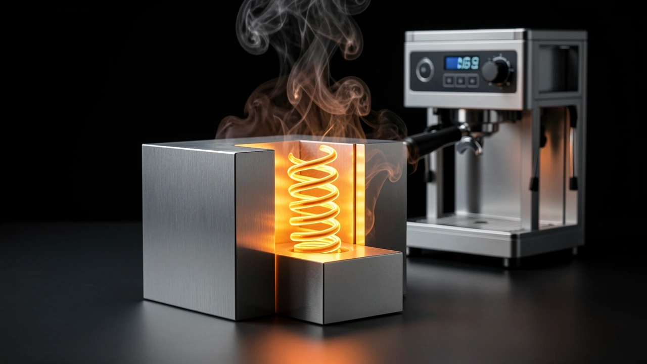 Thermoblock Heating Element Cutaway Sectioned thermoblock heating element with glowing coil from a compact espresso machine