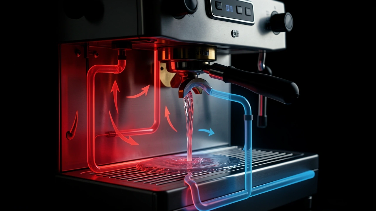 Thermosiphon loop in espresso machine showing hot and cool water circulation