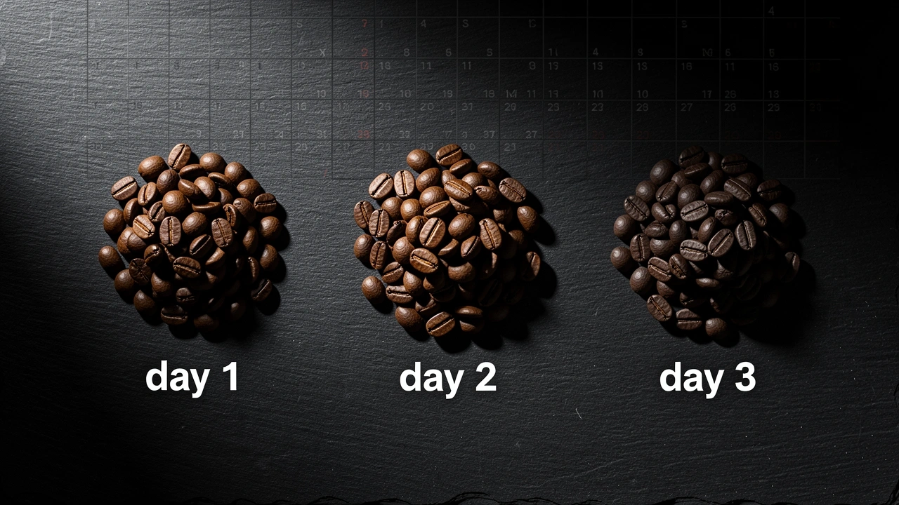 Three piles of coffee beans showing freshness decline from day 1 to day 3