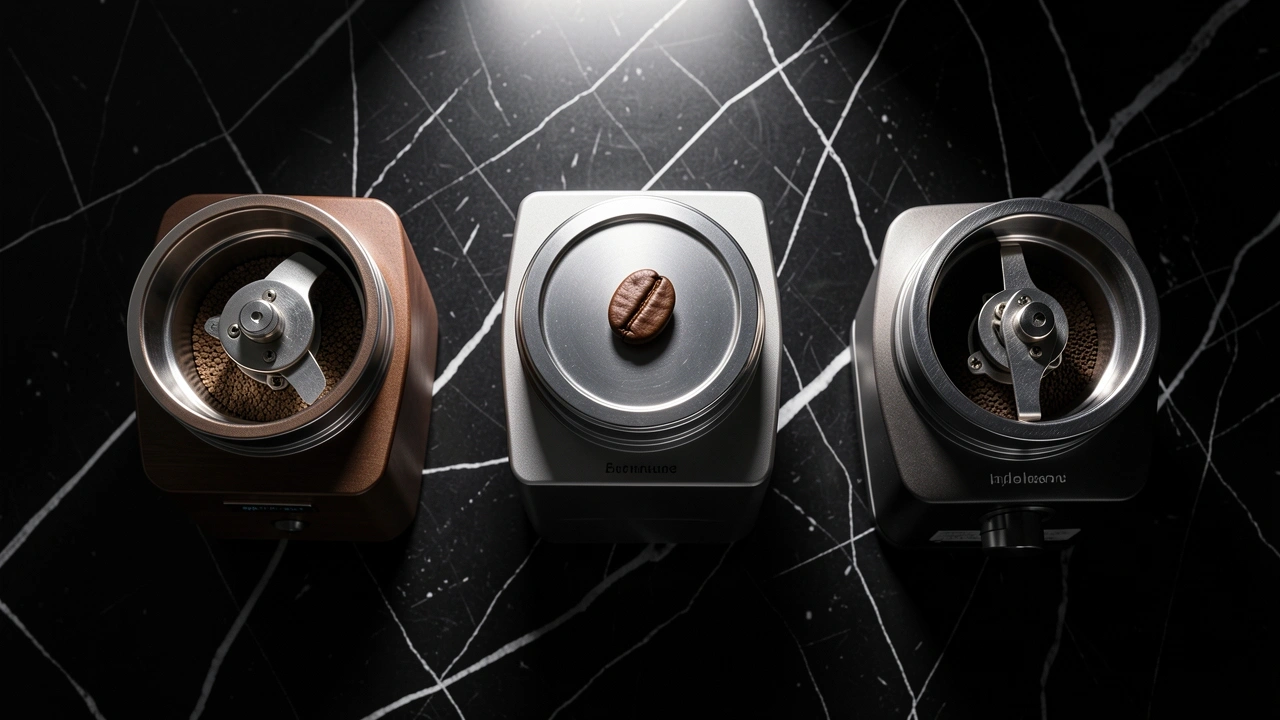 Three espresso grinders of different price tiers arranged on a black marble surface showing equipment filter for roast choice