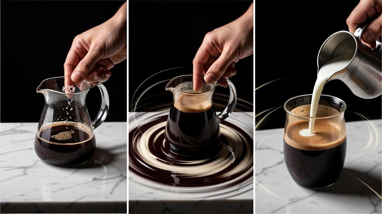 Three-step process of tapping, swirling, and pouring steamed milk for latte art