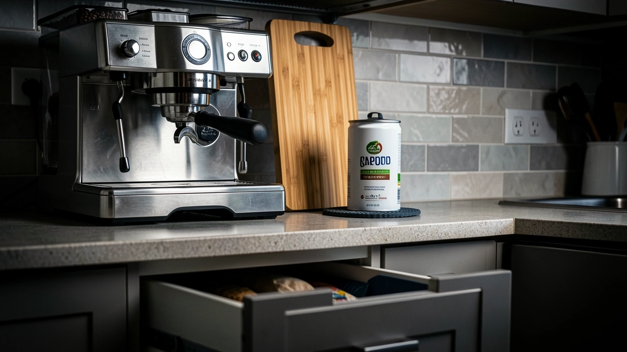 Placement Hacks for Small Counters Espresso machine and bean canister on a tight counter with trivet, cutting board shield, and drawer