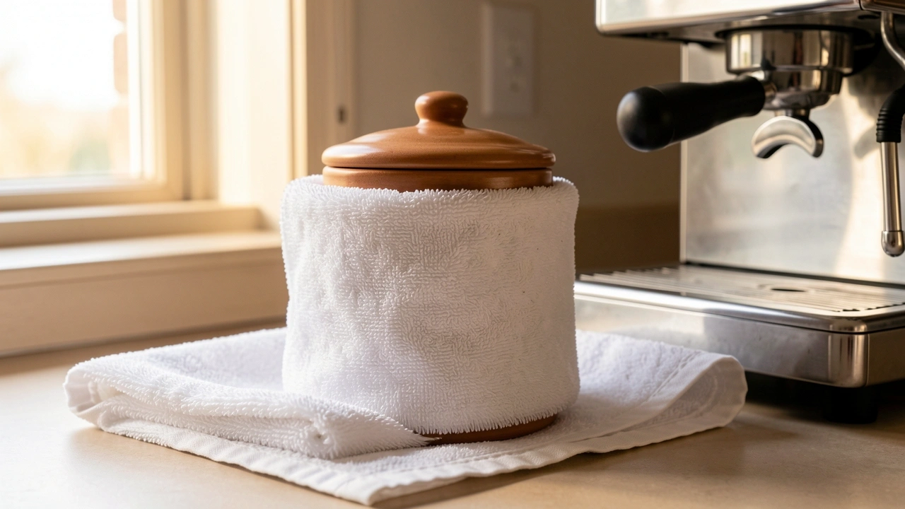 Towel Barrier Hack for Beans Ceramic bean canister wrapped in a white kitchen towel for insulation against heat