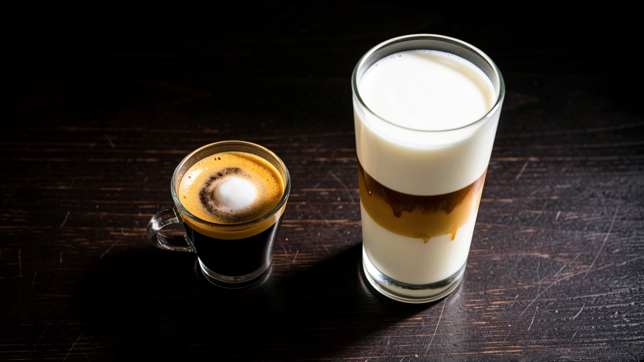 Tiny espresso macchiato beside tall layered latte macchiato showing portion difference