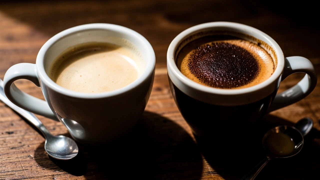 Two espresso cups side by side showing under-extracted and over-extracted shots