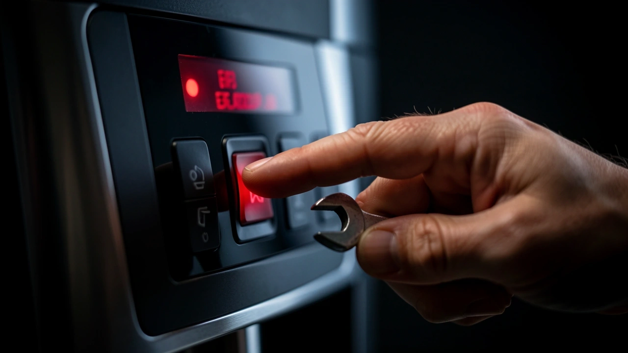 A hand presses a reset button on a coffee machine with a blurry error code in the background.