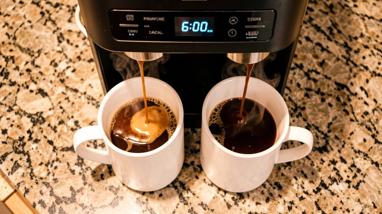 Two-Cup Coffee Optimization Overhead view of two matching coffee mugs filled from a programmable drip machine, steam rising symmetrically.