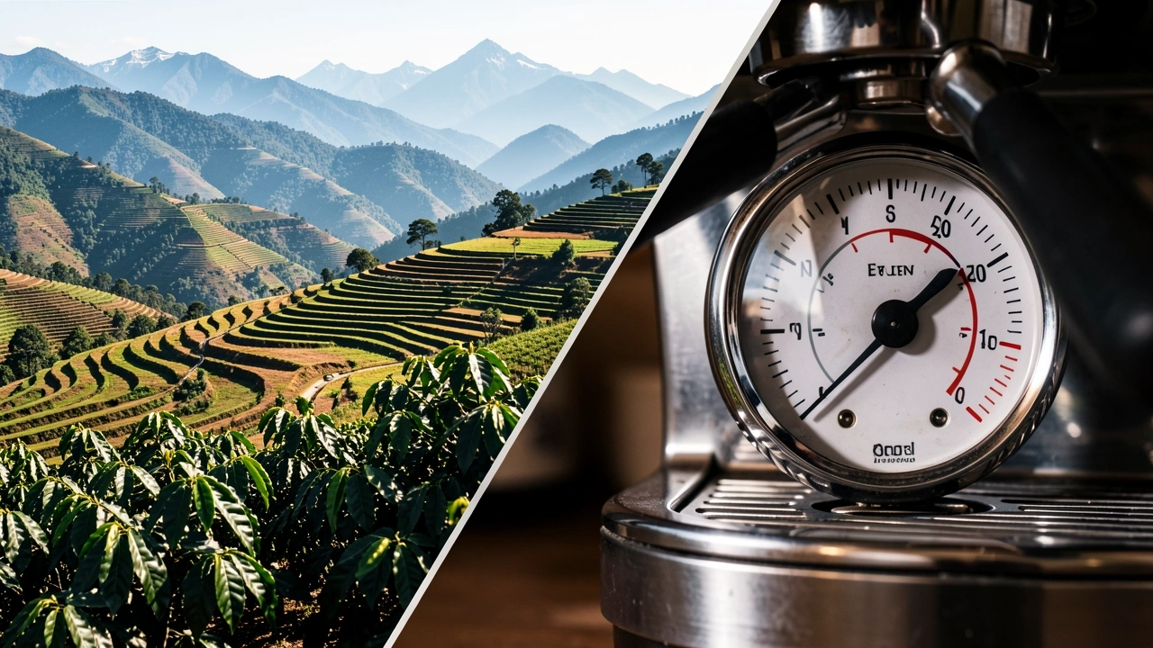 Split image of coffee farm on mountain and espresso machine gauge, representing bean and brew altitude