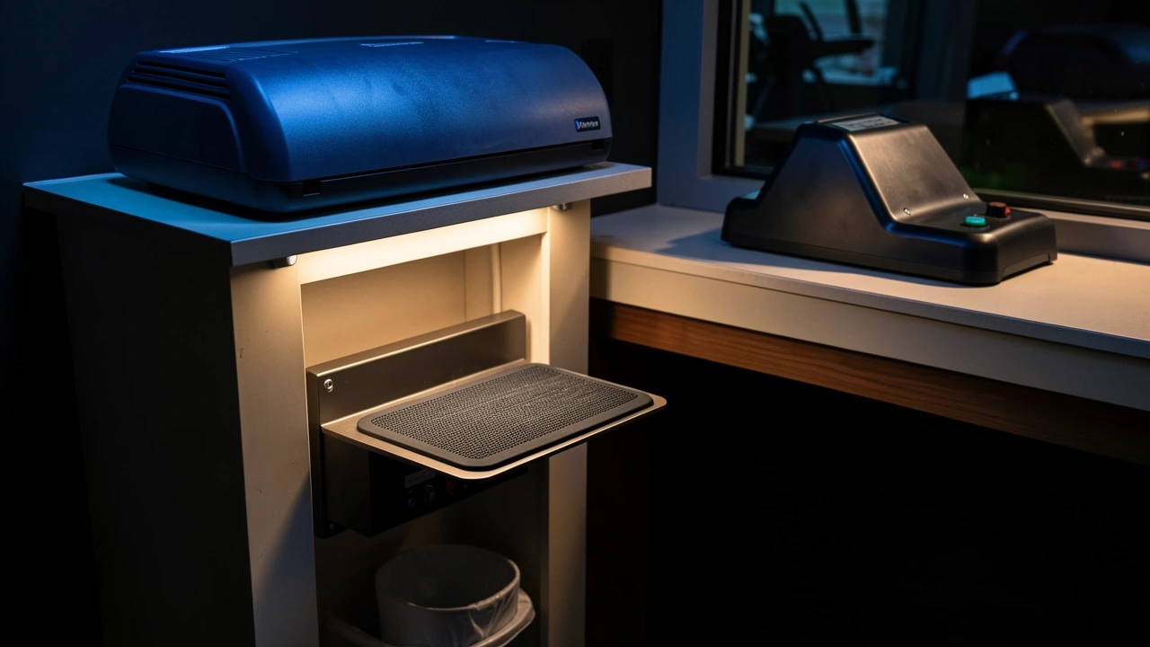 Space Efficient Knock Box Solution Kiosk counter with under-counter knock box and silicone mat next to a bulky countertop knock box, showing space efficiency.