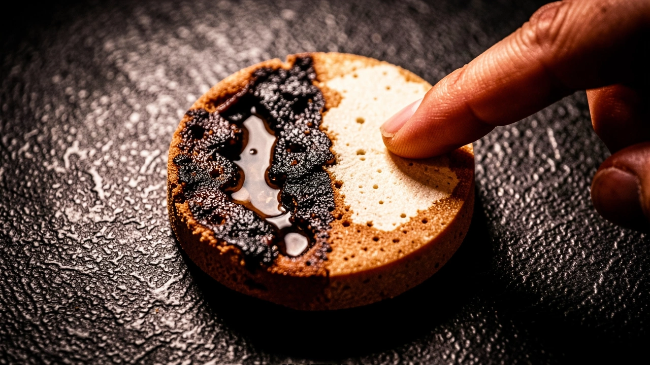 Used coffee puck with dark over-extracted and pale under-extracted patches
