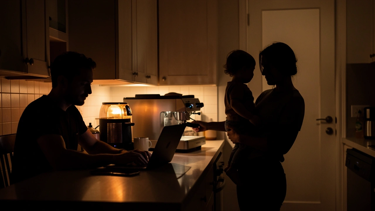 Silhouettes of a home worker with espresso machine vs parent with child near Nespresso