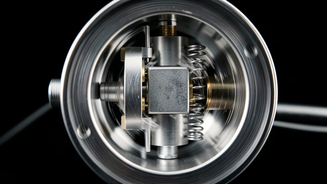 Cross-section of a vibratory pump showing electromagnet piston and springs