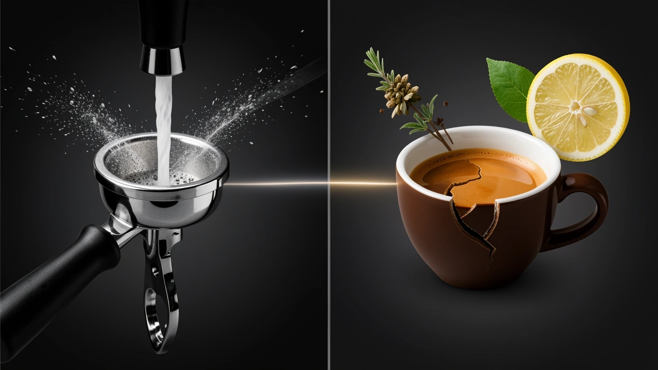 Pairing visual defects with taste Split image showing a defective espresso stream and a cup with bitter and sour taste symbols