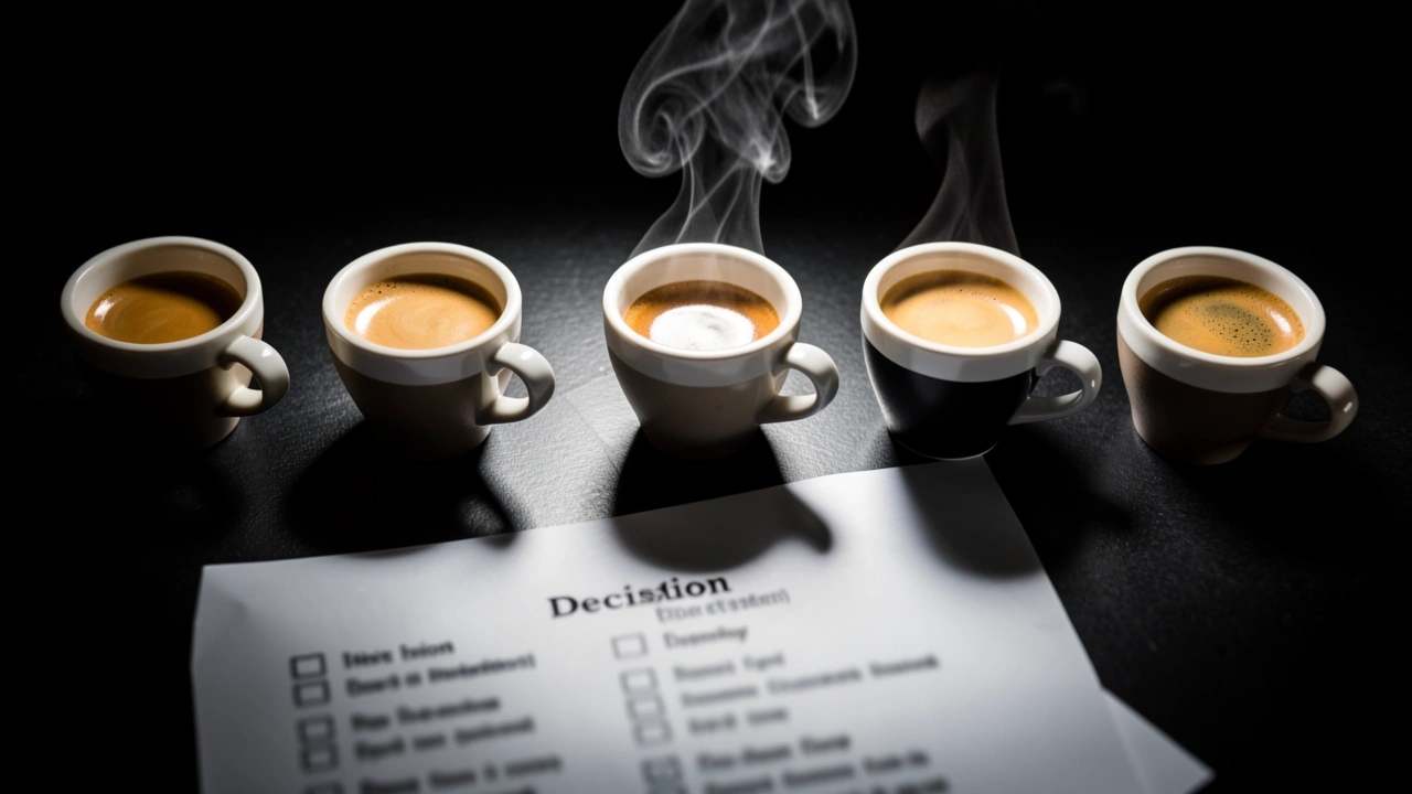 Six espresso cups with one empty symbolizing threshold test