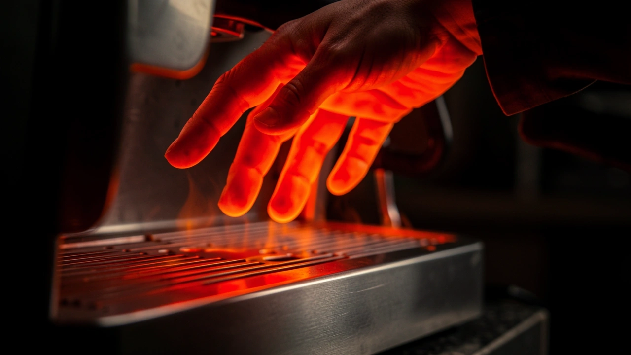 Waste Heat Radiating from Machine Hand near hot espresso machine side panel with infrared heat colors showing radiation