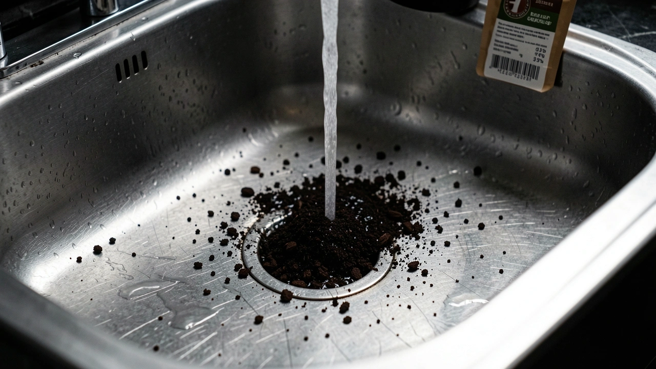 Coffee grounds being flushed down a sink with wasted beans on counter