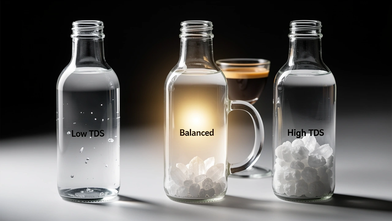Three water bottles with different mineral contents affecting espresso body