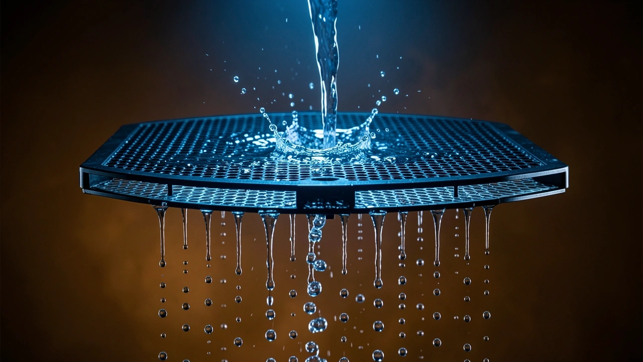 High-speed shot of water flowing through a puck screen creating even droplets