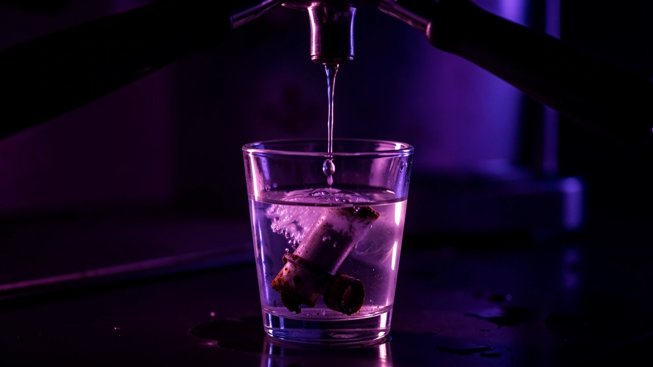 Droplet of water falling into a glass with hard water and a corroded machine part below.