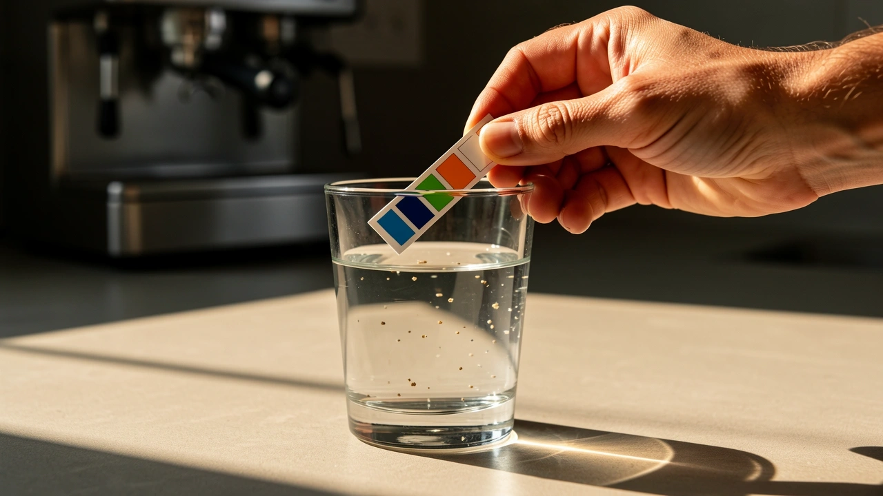 Water Hardness Test Strip Hand holding water hardness test strip above a glass of tap water