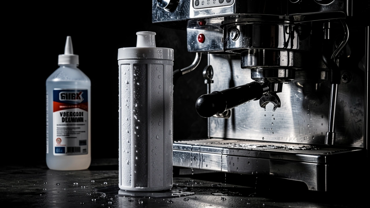 Water filter and descaler beside espresso machine