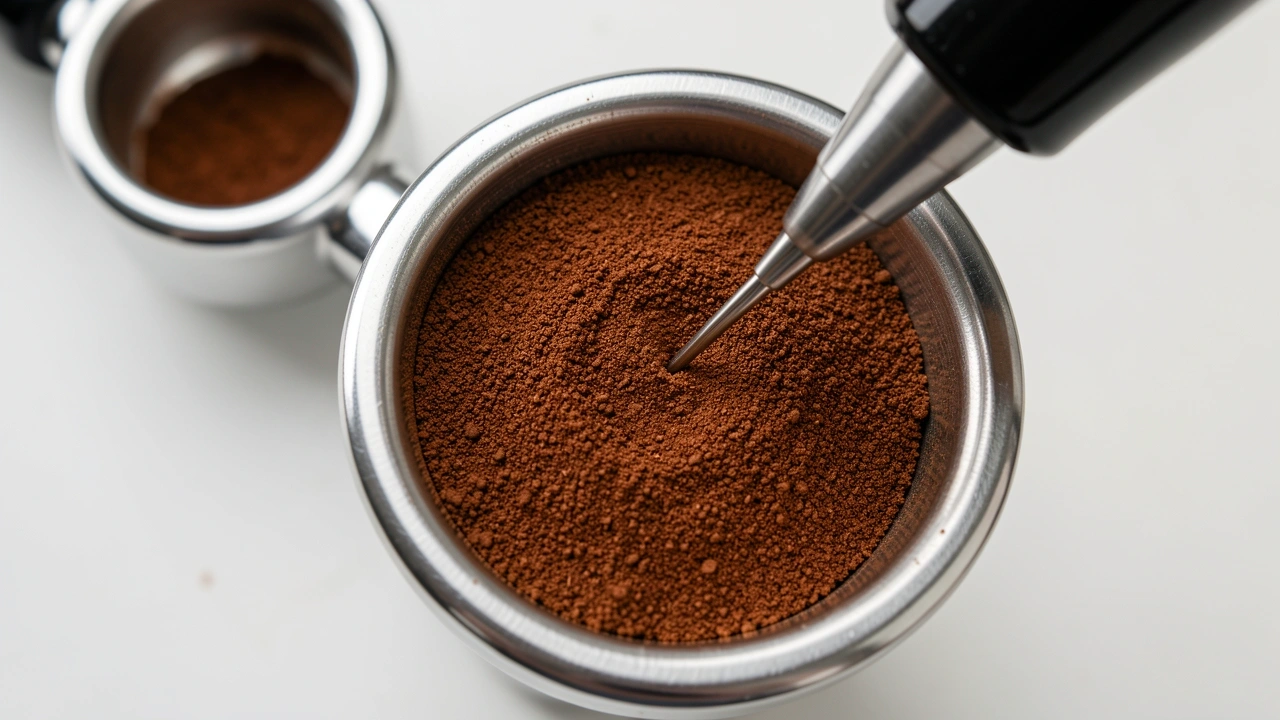 Top-down macro of espresso puck leveled with WDT tool showing even distribution