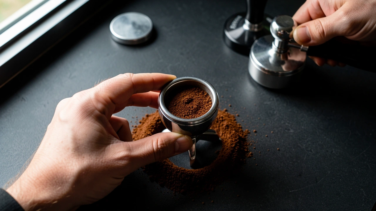 Top-down view of hands using WDT tool on 54mm portafilter basket for espresso distribution