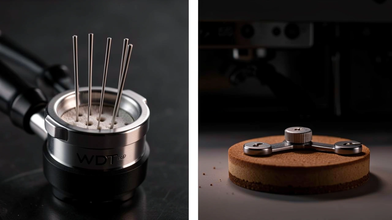 A WDT tool and a three-blade leveler placed side by side on a portafilter.