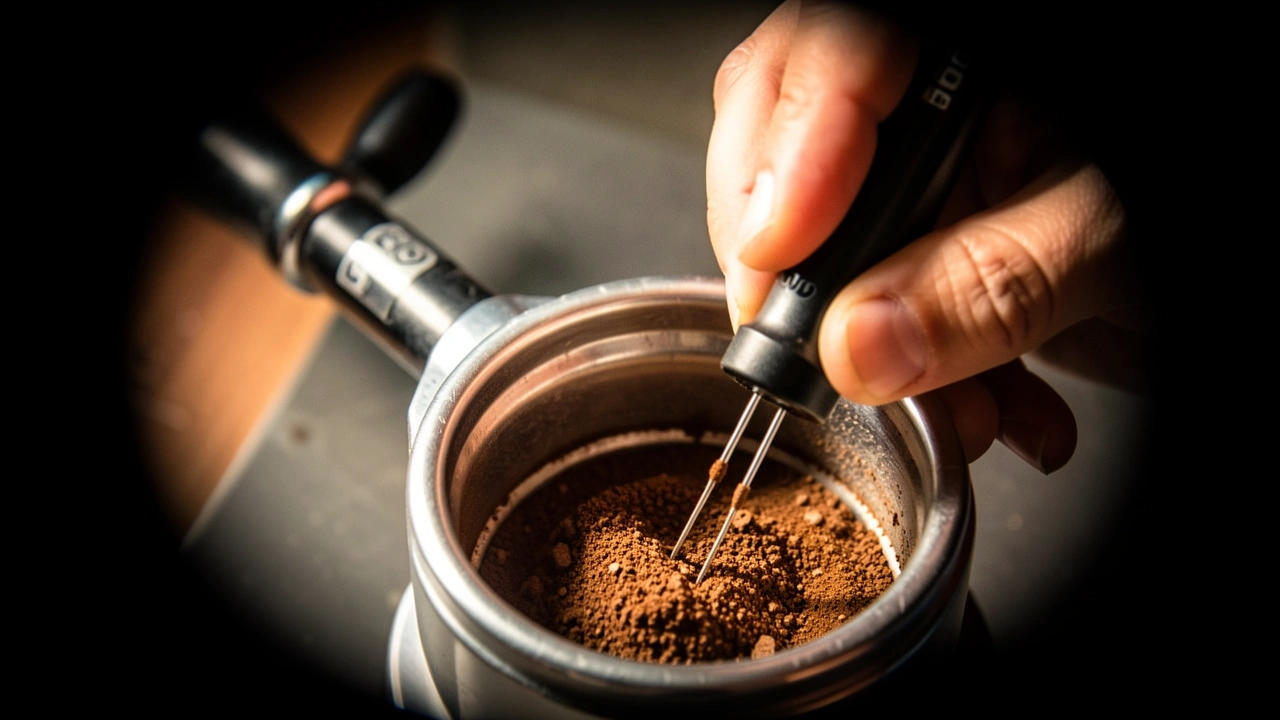 Hands using a WDT tool to stir coffee grounds in a portafilter basket.