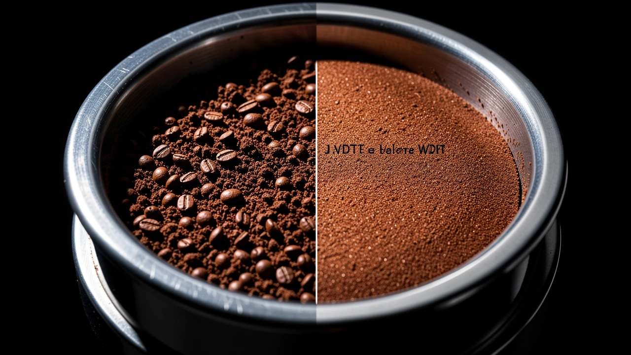 Macro split image of coffee grounds in a portafilter showing WDT clump breaking on left and leveler flat surface on right.