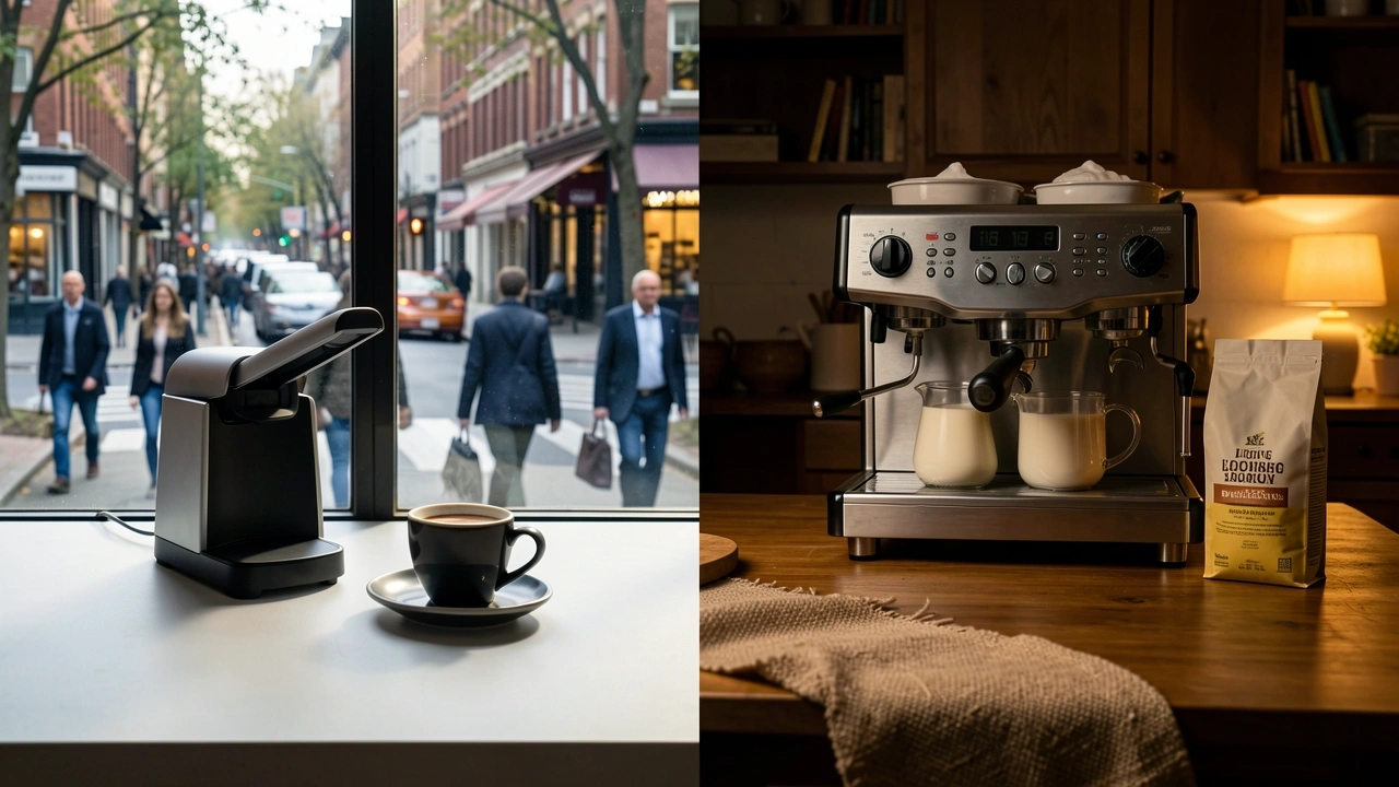 Which System Suits Your Coffee Style Two lifestyle scenes: one with a thermoblock for quick black espresso, one with a single boiler for milk drinks and light roasts.