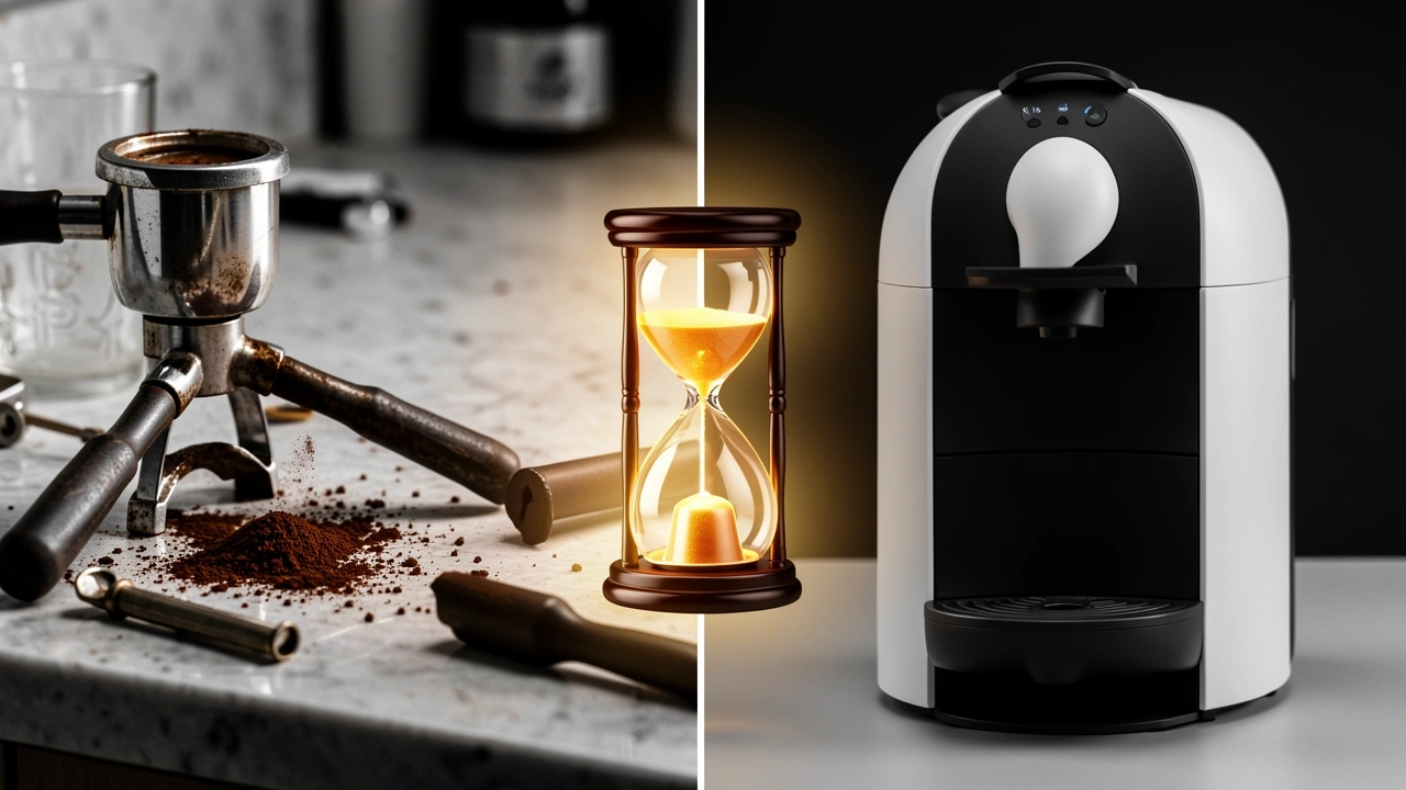 Split-screen of messy espresso setup vs clean Nespresso machine with hourglass