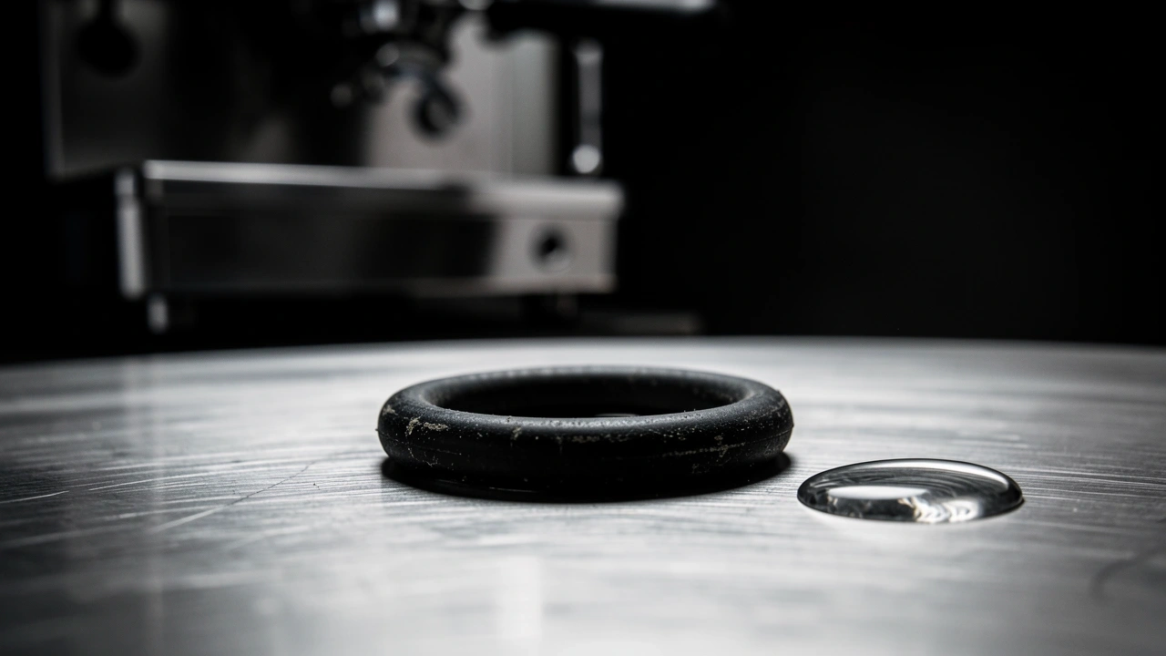 Close-up of worn O-ring with water droplet, espresso machine leak fix.